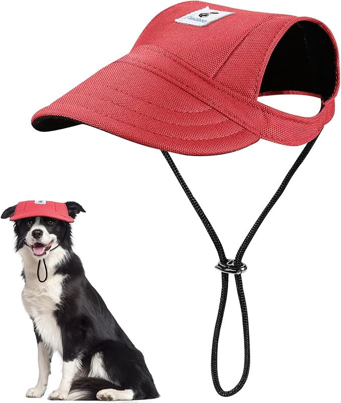 Pawaboo Dog Baseball Cap, Outdoor Pet Sport Sun Protection Baseball Cap Hat, Adjustable Travel Sport Hat Visor Sunbonnet Outfit with Ear Holes for Small Dogs Puppy, L, Red
