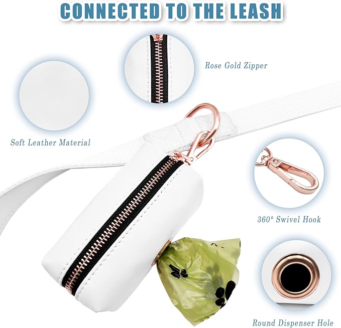 Soft Leather Dog Collar and Leash (6.6') Set - Stylish Rose Gold Heavy Duty Metal Buckle, 4 Adjustable Lengths Leash for Small Medium Large Dogs - Comfortable & Easy to Clean White Poop Bag Holder