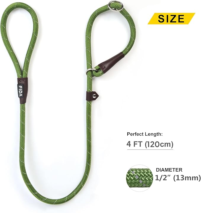 Fida Slip Leads for Dogs - 4 FT x 1/2" Heavy Duty Comfortable Strong Rope Leash for Large, Medium Dogs - No Pull Pet Training Leash with Highly Reflective, Green