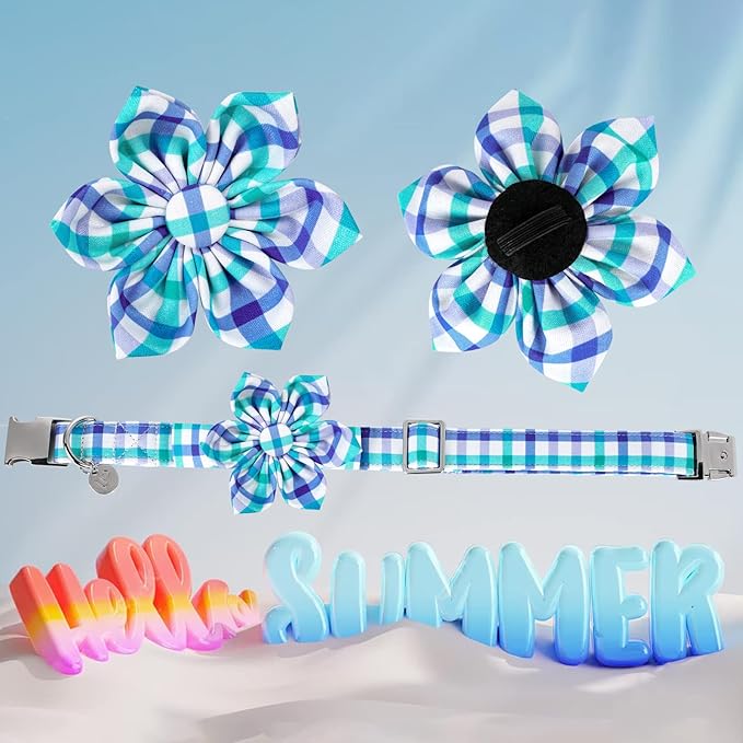 Girl Boy Dog Collar with Comfortable Durable Cotton Flower, Adorable XL Blue Grid Gift Collar with Metal Buckle, Neck 16-26in