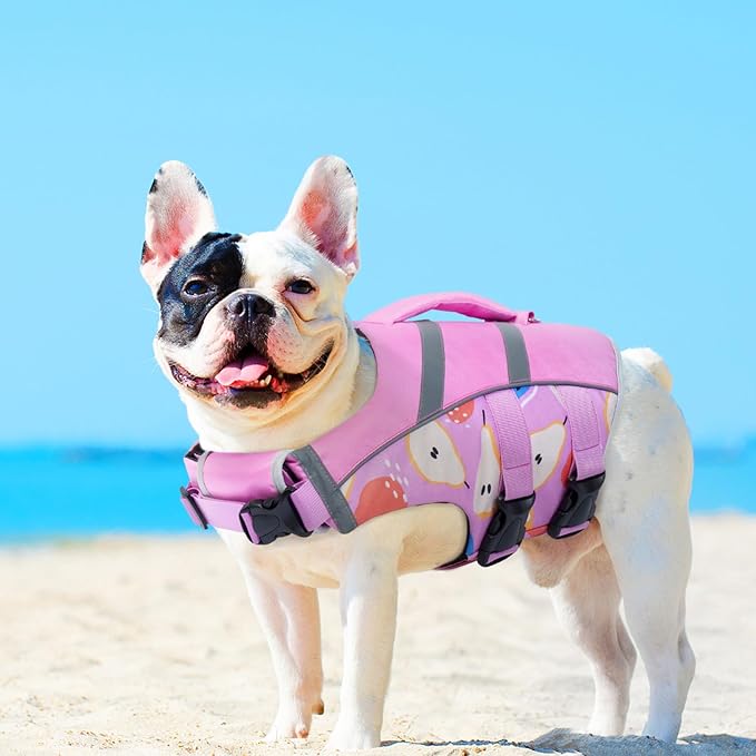 Kuoser Dog Life Jacket with Reflective Stripes, Puppy Water Vest for Swimming Boating, Adjustable High Visibility Dog PFD Vest with High Flotation Swimsuit, Pear XS