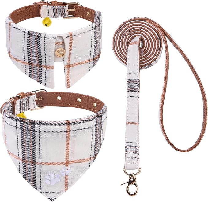 EXPAWLORER Puppy Collar and Leash - Embroidery Pawprints Plaid Small Dog Collar and Leash Set, Cute Dog Bandana Collar with Bell, Adjustable Dog Collars for Small Dogs Cats Girl Boy, Cream Small