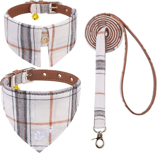 EXPAWLORER Puppy Collar and Leash - Embroidery Pawprints Plaid Dog Collar and Leash Set, Cute Dog Bandana Collar with Bell, Dog Collars for Small Girl Boy Dogs Cats, Cream X-Small