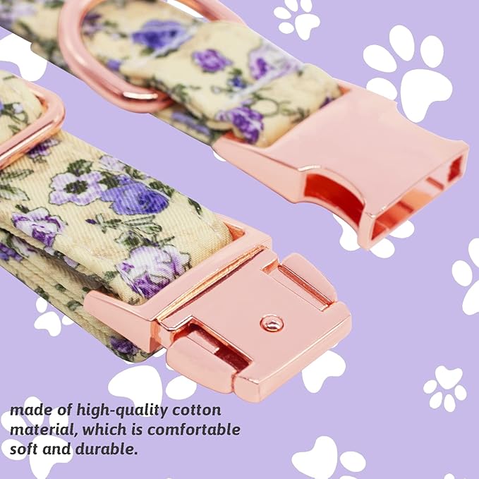 Dog Collar and Leash Set Girls Adjustable Puppy Collars with Floral Bow Tie for Small Medium Large Female Dogs, Purple Rose, L