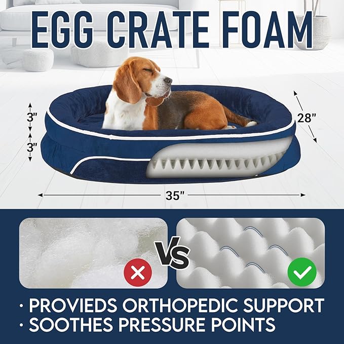 OhGeni Orthopedic Dog Couch Large Sized Pet Beds for Fathers Gifts with Comfort Foam Support, Soft Indestructible Fabric, Machine Washable Waterproof Removable Cover, 35-Inch (Dark Blue)