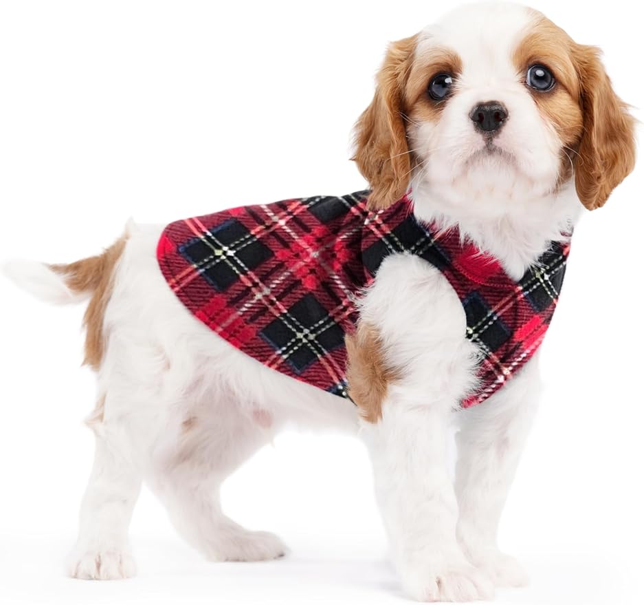 Stretch Fleece Dog Coat, Stretchy Pet Sweater, Machine Washable Pullover for Winter and Fall, Red Classic Plaid, 4