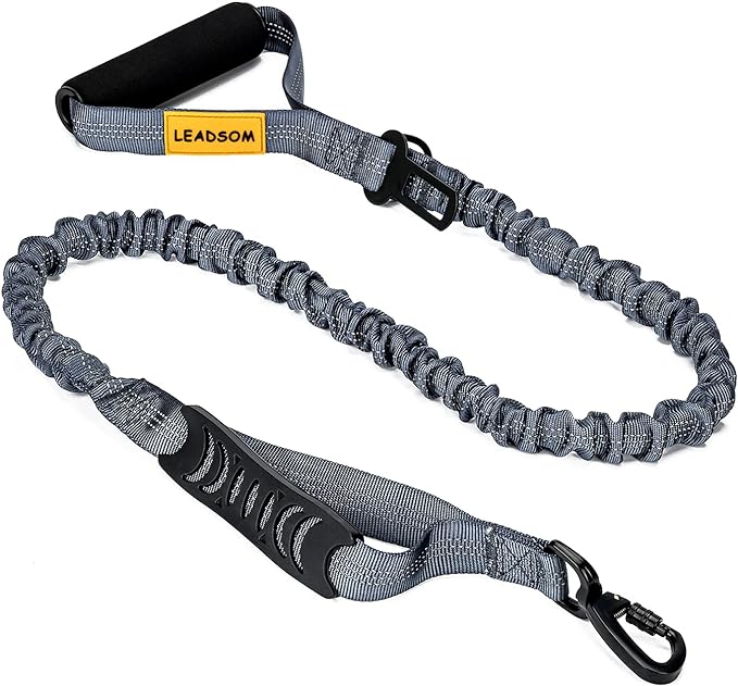 6FT Highly Reflective Heavy Duty Elastic Bungee Medium and Large Dog Leash Shock Absorbing with Comfortable Padded Handle and Traffic Handle Suitable for Training Grey