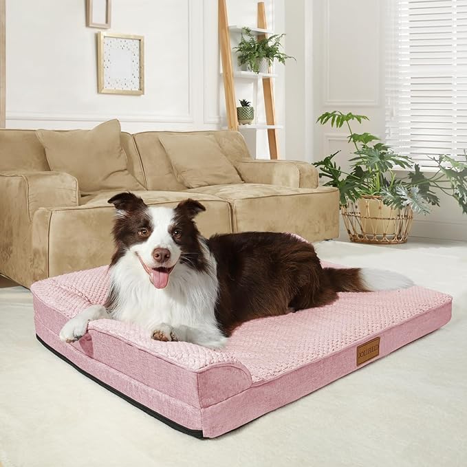 Orthopedic Jacquard XL Dog Bed for Large Dogs 42''X28'', Waterproof L Shaped Big Large Pet Sofa Bed with Washable Removable Cover, Non-Slip Soft Warm Comfortable Pet Couch Sleep Mat, Pink