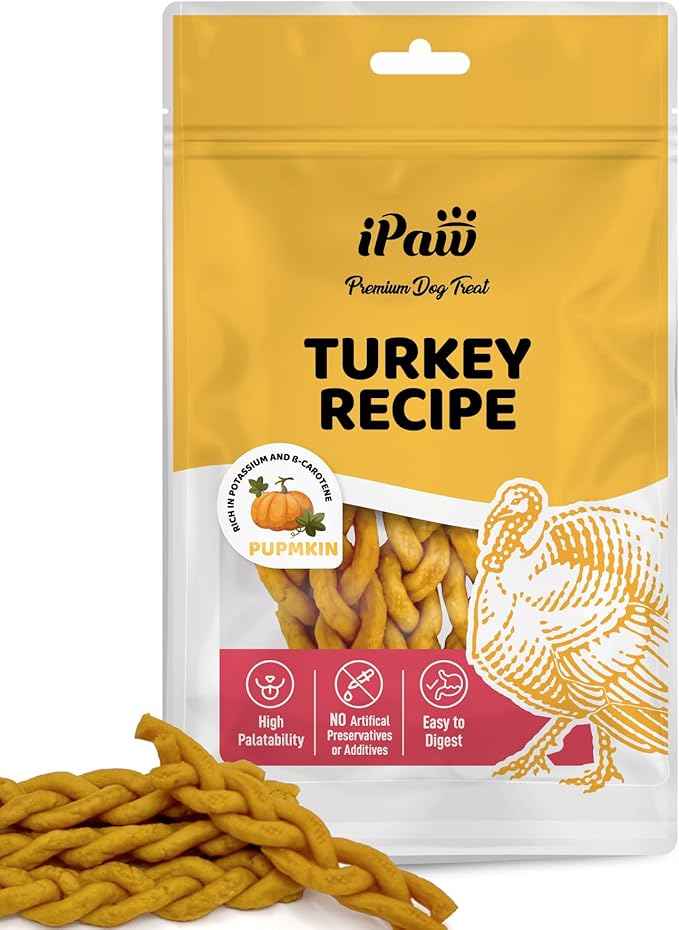 Turkey Dog Treats, All Natural Human Grade Dog Treat, Suitable for Training chew, US Sourced Raw Material, Hypoallergenic, Rawhide Alternative, Braided Stick (Pumpkin)