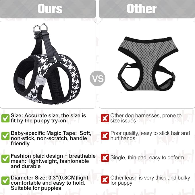 BEAUTYZOO Small Dog Harness and Leash Set,Step in No Choke No Pull Soft Mesh Dog Harnesses Reflective for Extra Small Medium Puppy Dogs and Cats, Plaid Dog Vest Harness for XS S Pets, Black XS