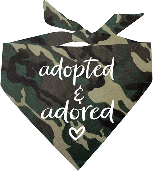 Adopted and Adored Dog Bandana | 100% Cotton Adjustable Triangle | Made in USA | Adoption Event Prop Photoshoot | Rescue | Camo One Size (380)