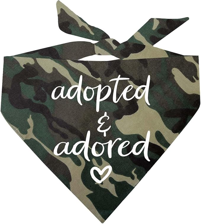Adopted and Adored Dog Bandana | 100% Cotton Adjustable Triangle | Made in USA | Adoption Event Prop Photoshoot | Rescue | Camo X-Small (380)