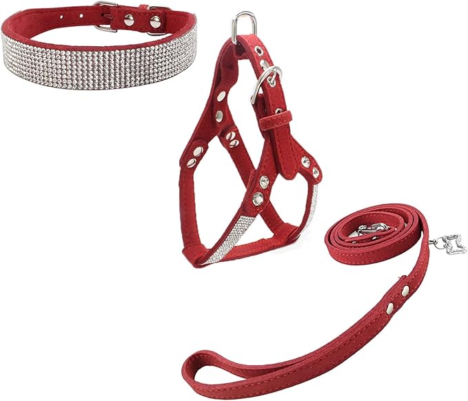 Dog Collar & Harness & Lead Sets Fashion Dog Collar Diamante with Harness & Leashes Comfortable Soft Collar Harness and Leashes Set for Dog - Red - XS