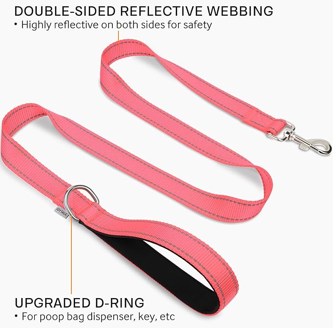 Joytale Double-Sided Reflective Dog Leash, 6 FT/5 FT/4 FT, Padded Handle Nylon Heavy Duty Leashes for Small & Medium Dogs Walking, Neon Pink, 5FT