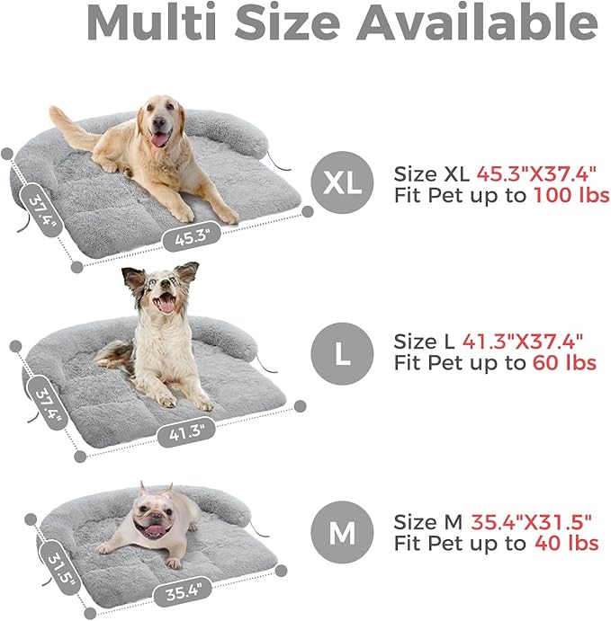 Calming Dog Bed for Large Sized Dog, Dog Couch Cover Washable- Fluffy Plush Dog Mat for Furniture Protector for Dogs Up to 100 Lbs, Light Grey