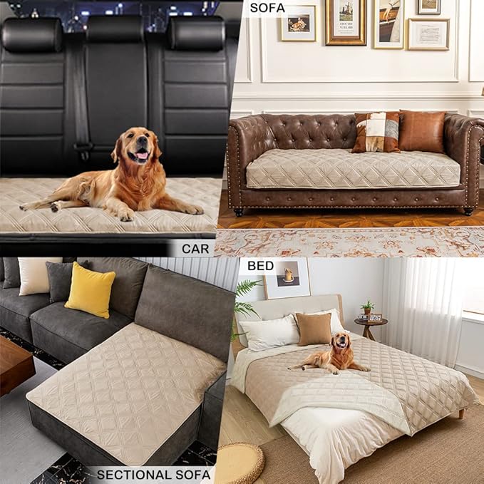 fuguitex Waterproof Dog Blanket, Pet Friendly Reversible Throw Essential for Small Dogs, Tear Resistant Leakproof Washable Couch Cushion Bed Protector Cover for Indoor Furniture（68"*82",Beige+Cream