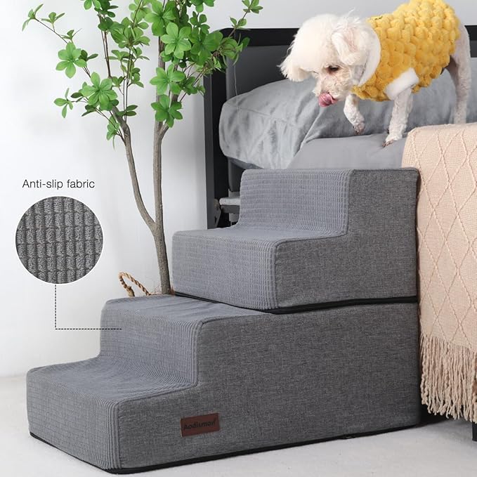 Dog Stairs for Small Dogs & Cats, 4-Step Non-Slip Pet Steps for Beds & Couches, Grey Linen, 18.5" H