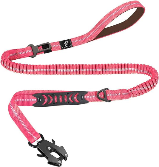 Raipult Tactical Strong Bungee Dog Leash, Pink Shock Absorbing Dog Leash with Traffic&Padded Handles, Military K9 Working Lead with Car Seatbelt for Medium Large Dogs up to 150lbs