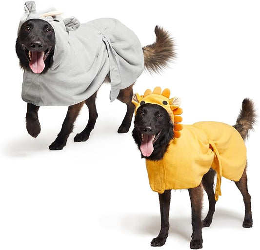Barkbox Dog Bathrobe Bundle, Fast Drying with Hook and Loop Closure & Wrap Tie Snuggle, Cute Dogs Clothes, Easy to Clean, Machine Washable, Dog Coats and Tumble Dry Low - Lion/Rhino, Large