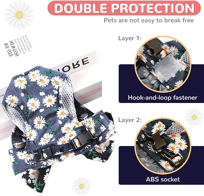 BAEJMJK Dog Harness and Leash Set with Bow Knot No Pull Pet Daisy Floral Harness with D-Ring Soft Mesh Dog Harness Vest Set Escape Proof Princess Puppy Harness for Small Girl Dogs Cats（Navy Blue S）
