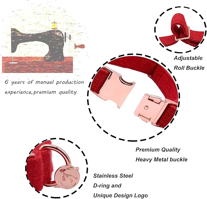 DOGWONG Hemp Cotton Dog Collar with Bow, Christmas Red Pet Collar Durable Adjustable Puppy Collar for Small Medium Large Dogs