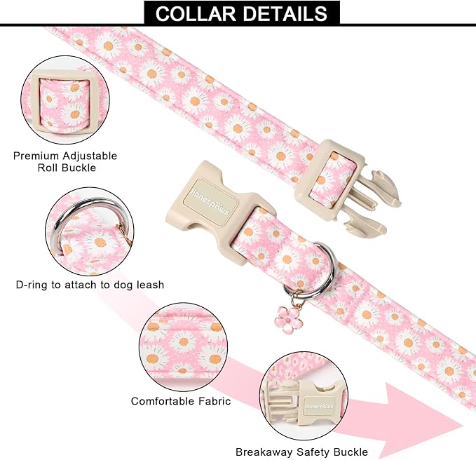 Lionet Paws Floral Dog Collar- Cute Daisy Pink Dog Collars with Plastic Buckle,Light Adjustable Dog Collars for Medium Large Dogs