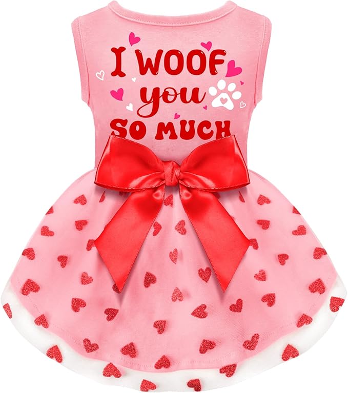 og Valentines Day Clothes I Woof You So Much Dog Valentines Outfit Red Tulle Dog Dress with Bowknot for Small Medium Large Dogs Cat Girl