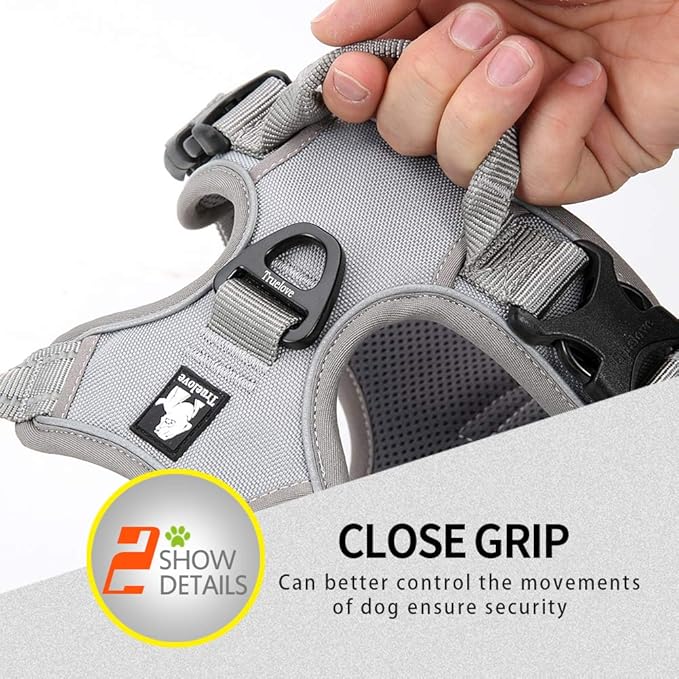 Soft Front Dog Harness .Best Reflective No Pull Harness with Handle and 2 Leash Attachments Gray