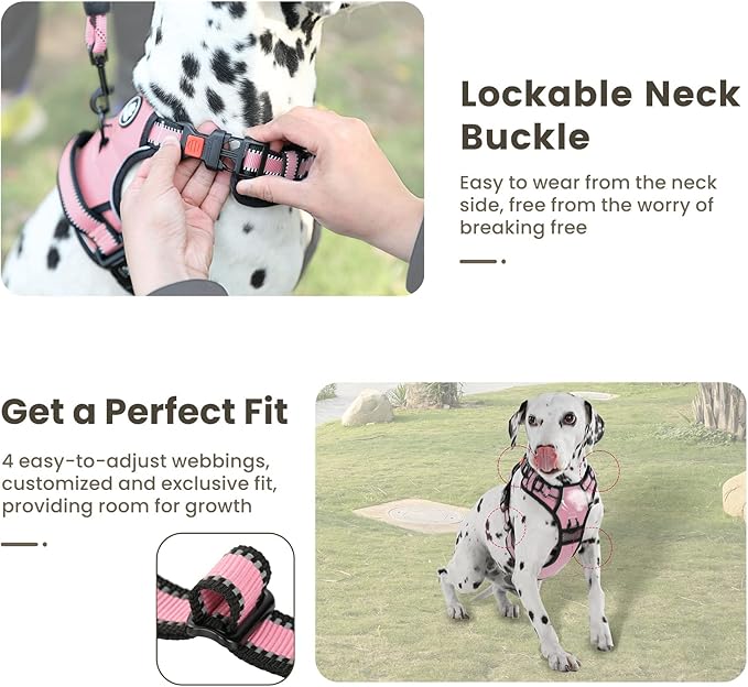 FURRYFECTION Dog Harness | No Pull Dog Harness | Reflective Oxford | Padded Handle | 4 Adjustable Straps | 2 Leash Clips | No Choke Pet Vest Harness for Small Medium Large Dogs | Pink | L