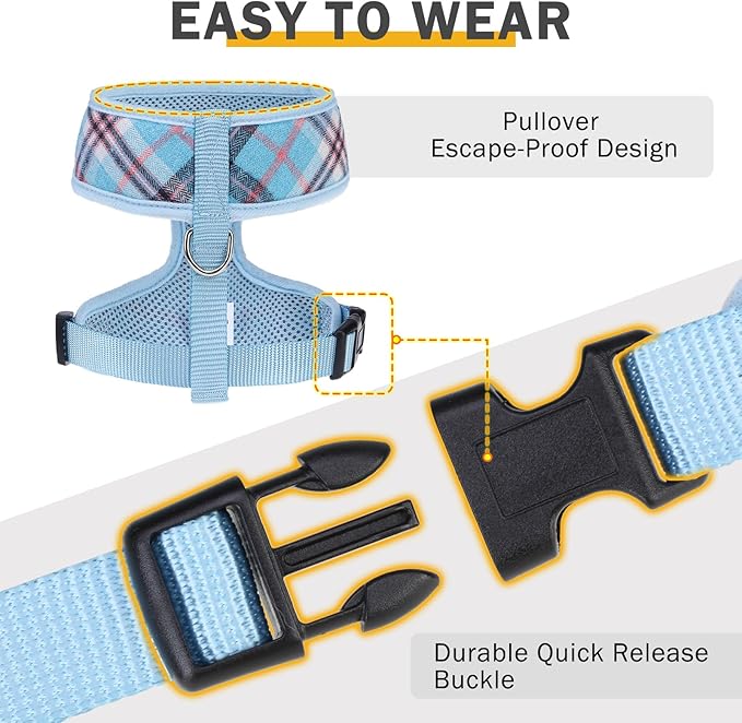 SCENEREAL Puppy Dog Harness with Leash Set for Small Medium Sized Dogs, Soft Mesh Step in Pet Harnesses and Leash, No Chock Plaid Adjustible No Pull Vest for Dogs Cats, Chihuahua,Bulldog (Blue S)