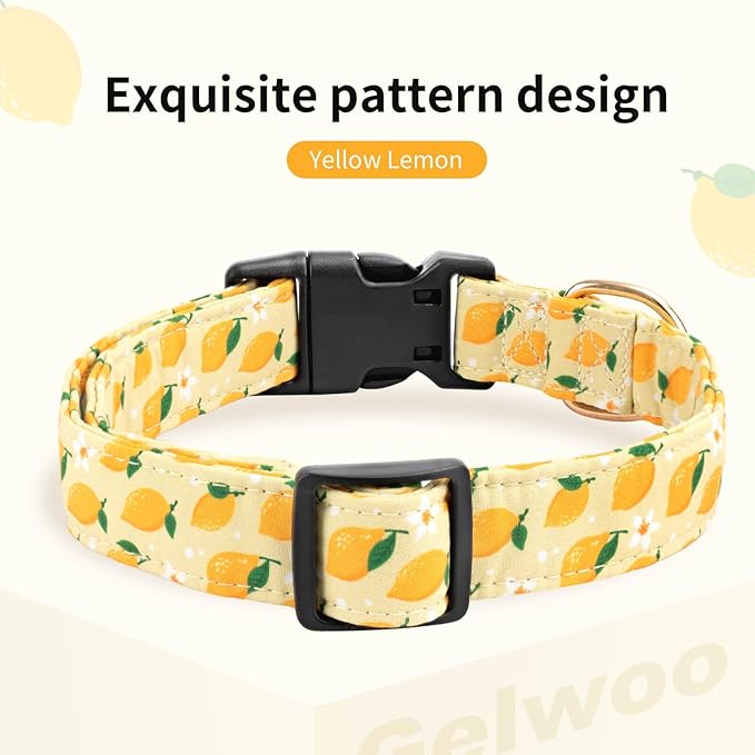 Cotton Dog Collar,Soft and Cute Puppy Collars with Lemon Patterned Design for Girl Female Boy Dogs,Adjustable Buckle Pet Collar for Small Medium Large Dogs (Yellow Lemon, L)
