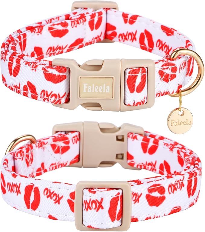Faleela Dog Collar - Cute & Comfy Cotton Pet Collar, Adjustable Lightweight Design with Quick-Release Buckle, for Small, Medium & Large Dogs - Multiple Styles Available (Valentine, Medium)
