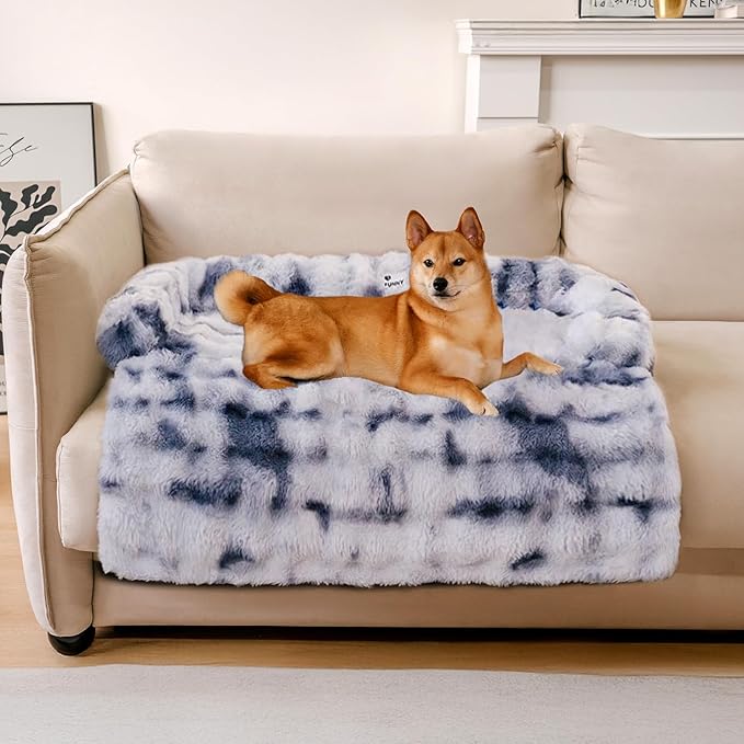FUNNYFUZZY Calming Dog Bed Mat, Fluffy Fuzzy Couch Cover for Sofa, Furniture Protector with Removable Washable Cover for Large Medium Small Dogs and Cats (Tie-dye Blue,33.45 × 28.35 × 5.51 in)