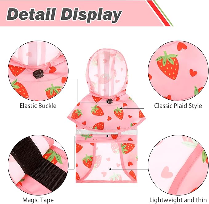 KOOLTAIL Dog Raincoat Hooded Slicker Poncho with Leash Hole, Waterproof Dog Rain Jacket, Reflective Strip, Adjustable Breathable Puppy Rainwear - Strawberry M