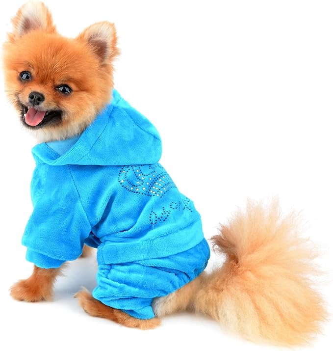 SEIMAI Dog Hoodies Jumpsuit for Small Dog Cat Puppy Rhinestone Crown Soft Velvet Autumn Winter Hooded Pajamas Tracksuit Outfits Sportswear Jacket with Hat Training Outdoor Blue S