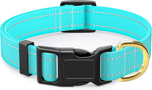 Reflective Dog Collar for Medium Dogs, Cute Adjustable Heavy-Duty Nylon Puppy Collars for Boy and Girl Female, Soft Pet Accessories with Quick Release Buckle, Neck 14-20", Turquoise