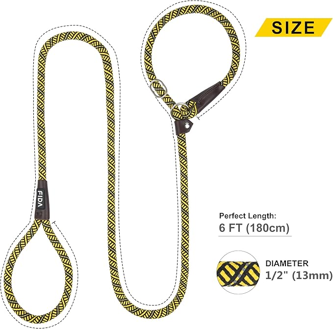 Fida Durable Slip Lead - 6 FT x 1/2" Heavy Duty Dog Loop Leash, Strong Rope Comfortable for Large, Medium Dogs, No Pull Pet Training Leash with Highly Reflective Yellow