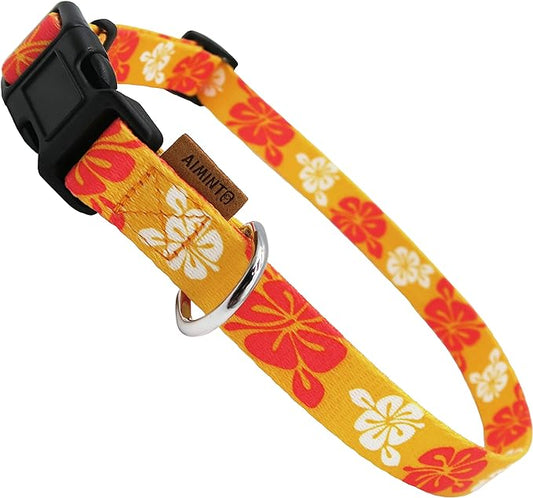 Dog Collar, Cute Floral Pattern, Soft and Adjustable Collar with Quick Release Buckle (M (Neck 14-24", Width 3/4"), Hawaiian Orange)