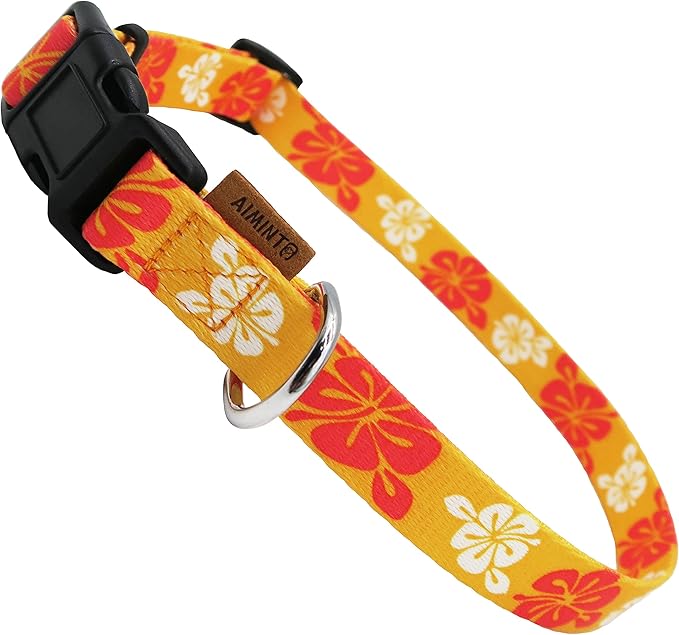 Dog Collar, Cute Floral Pattern, Soft and Adjustable Collar with Quick Release Buckle (XS (Neck 9-13", Width 3/8"), Hawaiian Orange)