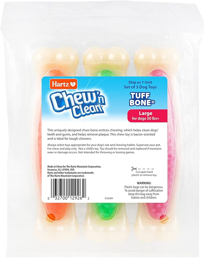 Hartz Chew 'n Clean Tuff Bone Tough Dog Chew Toy, Large 3 Pack