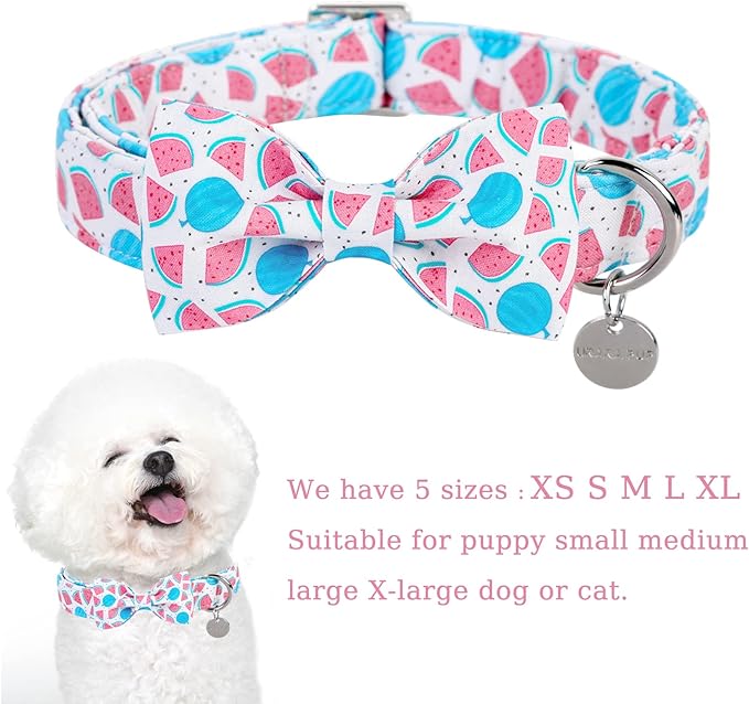 Dog Collar with Bow Tie, Durable Comfortable Cotton Cute Dog Bowtie Collar for Small Dog Girl Boy, Summer Dog Collar with Metal Buckle, S