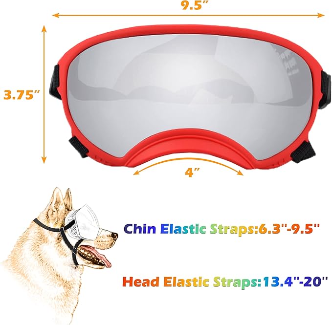 Large Dog Sunglasses with Adjustable Strap UV Protection, Winproof Puppy Sunglasses, Suitable for Medium-Large Pet Glasses, Dogs Eyes Soft Goggles, Red Silver