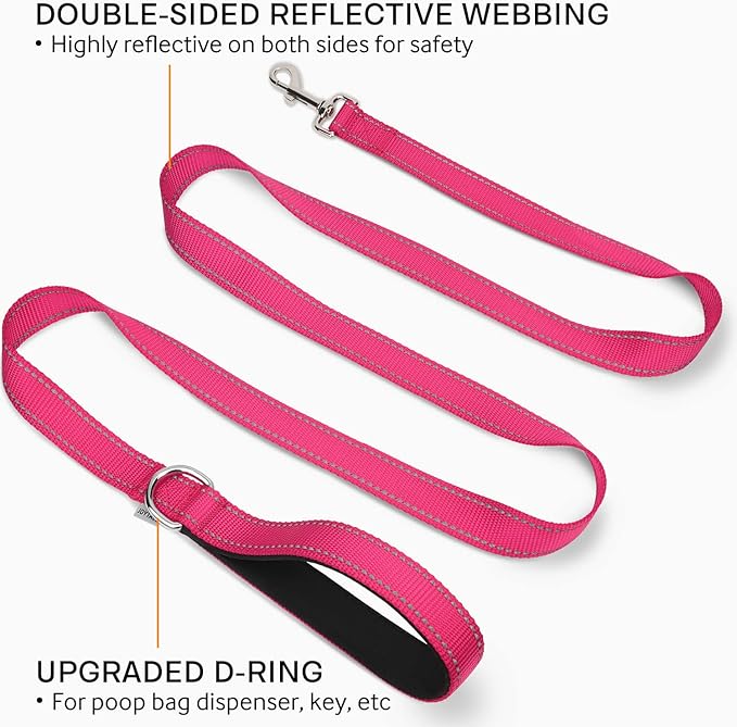 Joytale Double-Sided Reflective Dog Leash, 6 FT/5 FT/4 FT, Padded Handle Nylon Heavy Duty Leashes for Small & Medium Dogs Walking, Hotpink, 6FT