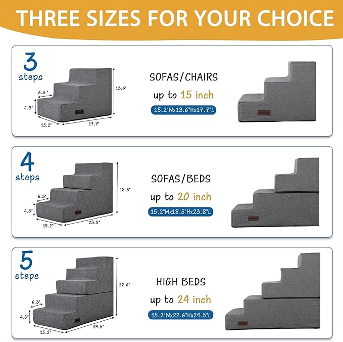 Dog Stairs for Small Dogs & Cats, 3-Step Non-Slip Pet Steps for Couch Sofa and Chair, Grey, 13.6" H