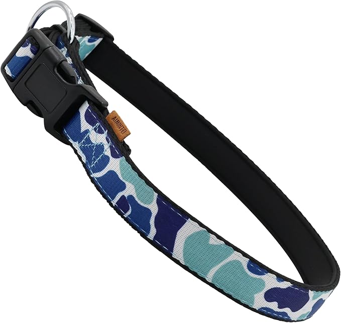 Dog Collar, Cute Camouflage Pattern, Neoprene Padded and Adjustable Collar with Quick Release Buckle, Reinforced Structure (L (Neck 18-28", Width 1"), Camouflage Blue)