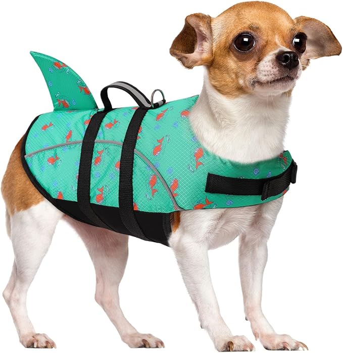 Queenmore Dog Life Jacket Small, Dog Life Vest for Swimming, Shark Life Jacket for Boating with Handle/Leash Hook, Lightweight Puppy Cats Floating Vest for Swim Water Pool