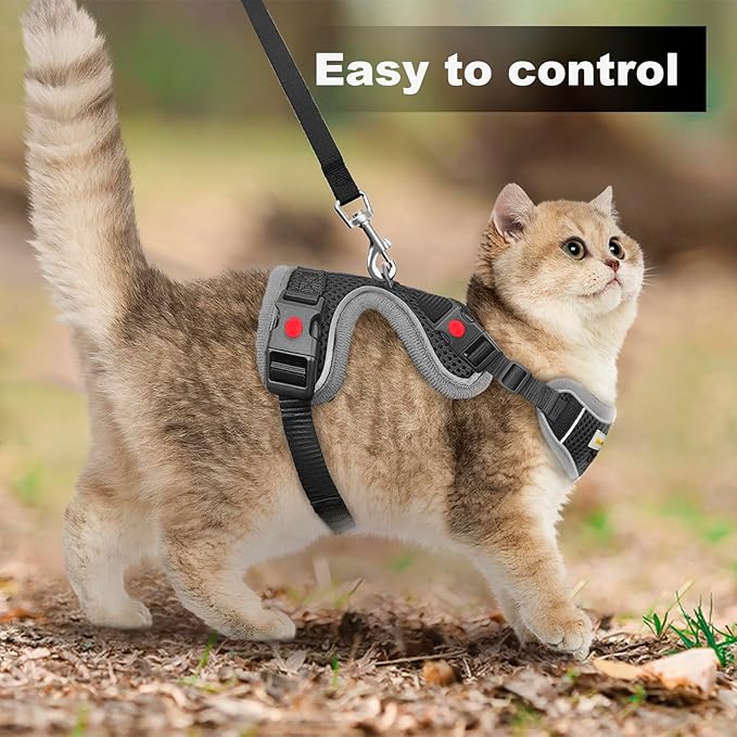 Cat Harness and Leash for Walking, Retractable Cat Harnesses and Leash Set Escape Proof, Breathable Soft Kitten Small Large Harness for Travel Training and Walking, Black, XS