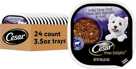 Cesar Home Delights Adult Wet Dog Food Grilled Ribeye Steak Flavor with Vegetables in Sauce, 3.5 oz. Easy Peel Trays, Pack of 24