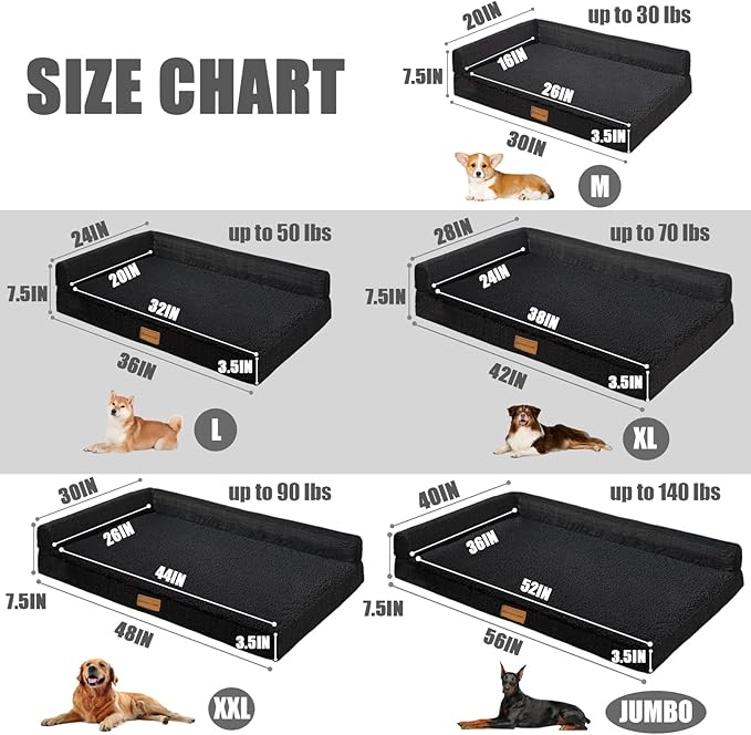 Patas Lague Orthopedic XL Dog Bed for Large Dogs 42''X28'', Waterproof L Shaped Big Large Pet Sofa Beds with Removable Washable Cover, Soft Comfortable Pet Couch Mat with Nonskid Bottom, Black