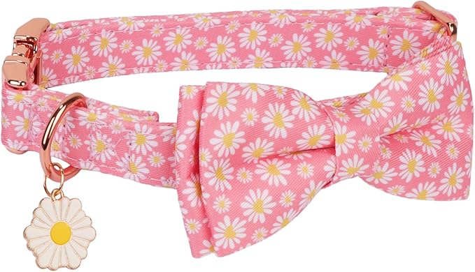 ADOGGYGO Floral Dog Collar with Bowtie, White Daisy Dog Flower Collar with Metal Buckle, Adjustable Pink Dog Floral Collars for Medium Dogs (Medium)